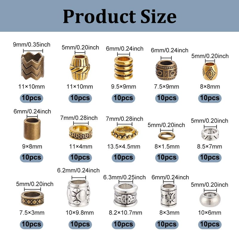 NBEADS 150 Pcs 15 Styles African & Tibetan Style Alloy Dreadlock & Beard Beads - Big Hair Beads for Men & Women Hair Braids & Decoration, Silver/Golden/Bronze, Hole 5-9mm - Image 2